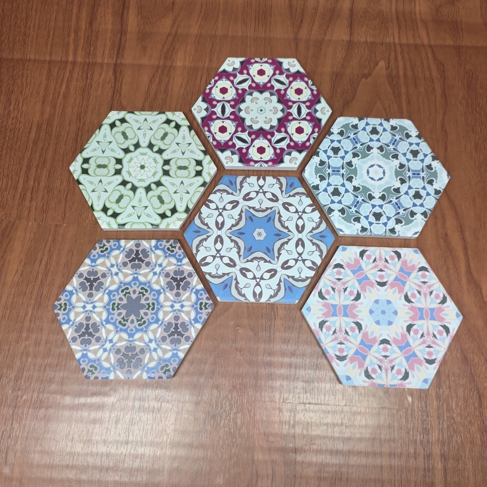 Enkore Hexagon Mosaic  Style Coasters, 6 Pack, 3.75 Inch With Non Scratch Cork